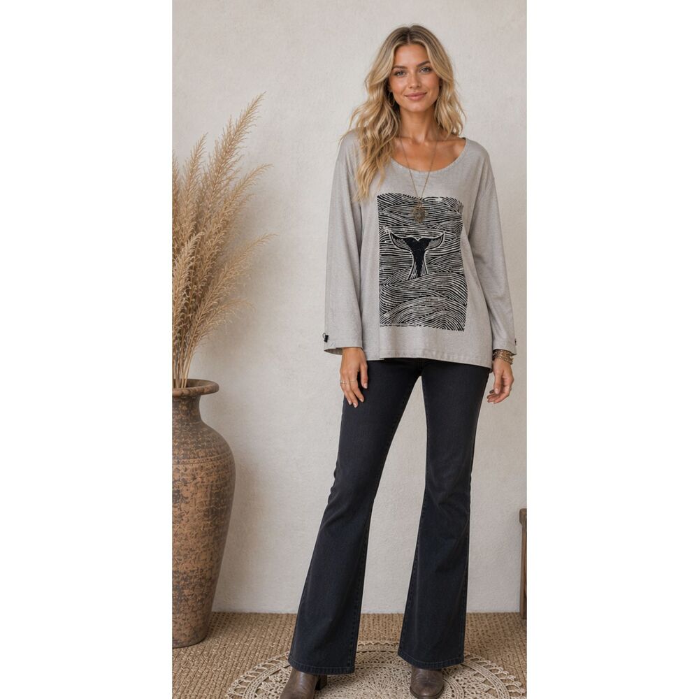 Gray Whale Tail Japanese Line Drawing Scoop Neck Rayon Tunic Top One Size